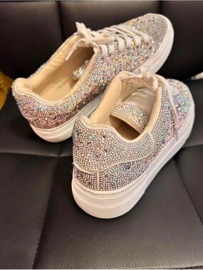 Betsey Johnson Iridescent Crystal Embellished Pink Platform Sneakers